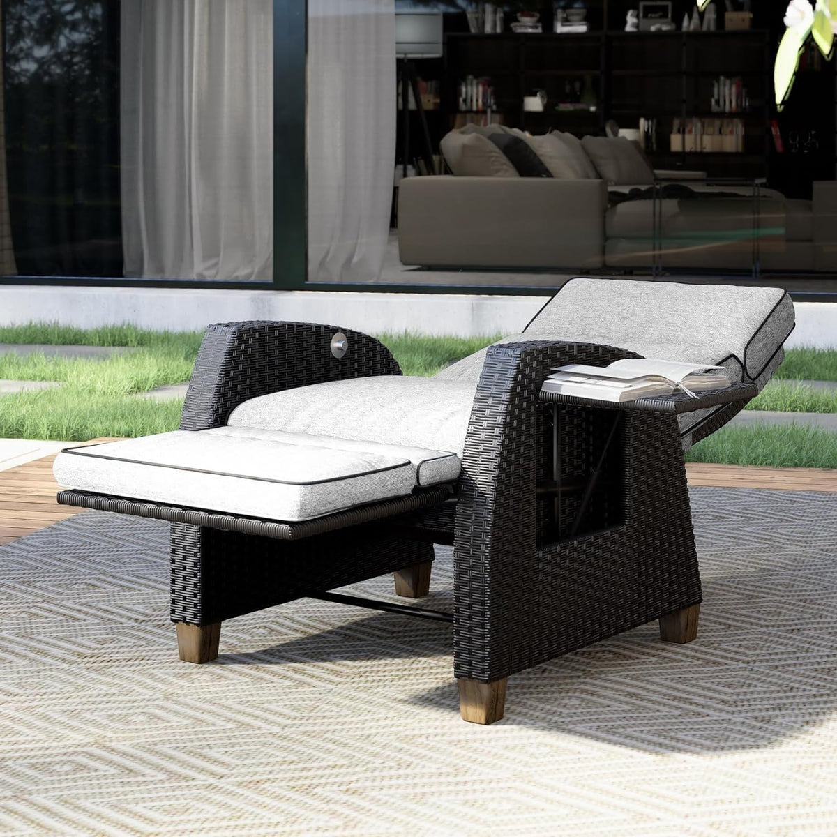 Grand patio Sun lounger with cushion, armrests, aluminium frame, adjustable backrest, rattan, indoor and outdoor use, cream cushion and grey rattan - QUORE