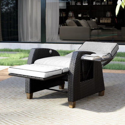 Grand patio Sun lounger with cushion, armrests, aluminium frame, adjustable backrest, rattan, indoor and outdoor use, cream cushion and grey rattan - QUORE