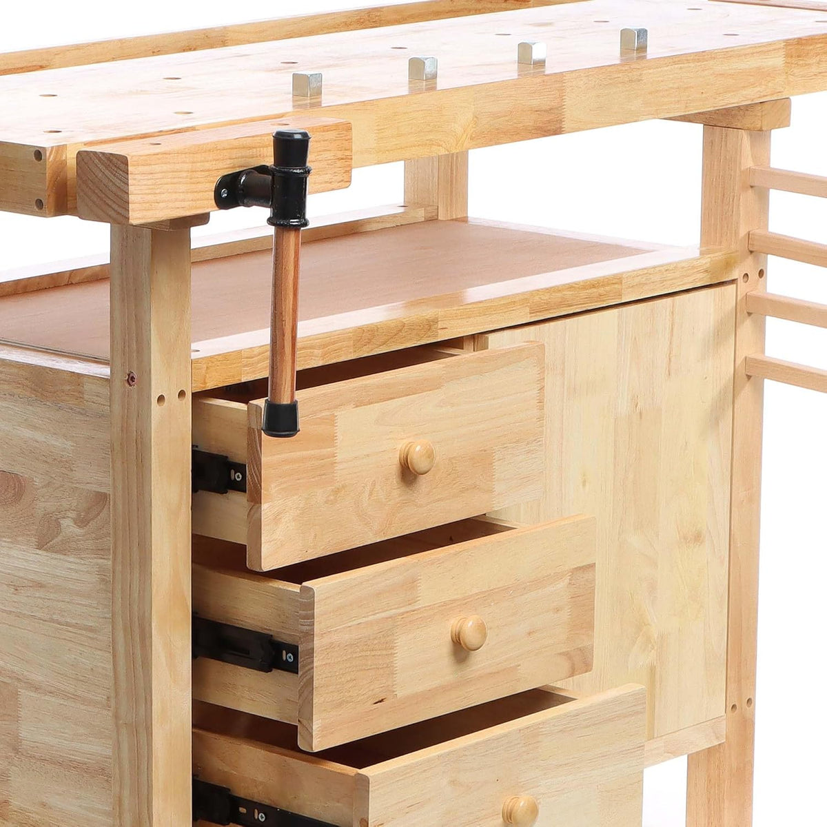 Wiltec houten werkbank 126x50x84 cm incl. spantangen, werkbankhaken, laden en apparatuurvakken