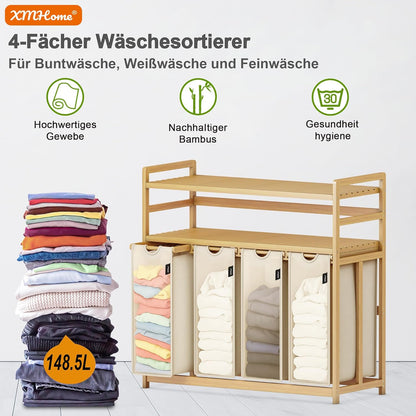 198 liter wasverzamelaar, 4 vakken, wasmand met dubbele plank, bamboe wasbox met uitneembare waszakken, ruimtebesparend voor badkamer, slaapkamer, waskeuken, beige