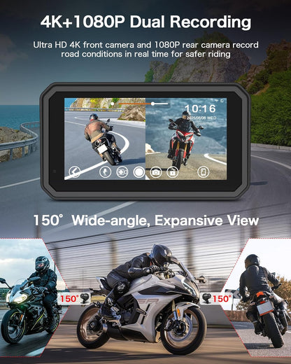 4K Dashcam Motorfiets CarPlay Android Auto 6.25 Inch Motorfiets Navigatie apparaten IP67 Waterdichte GPS-navigatie-apparaten voor motorfietsen, Dual Bluetooth, Siri/Google Assistant 64GB winkelwagen