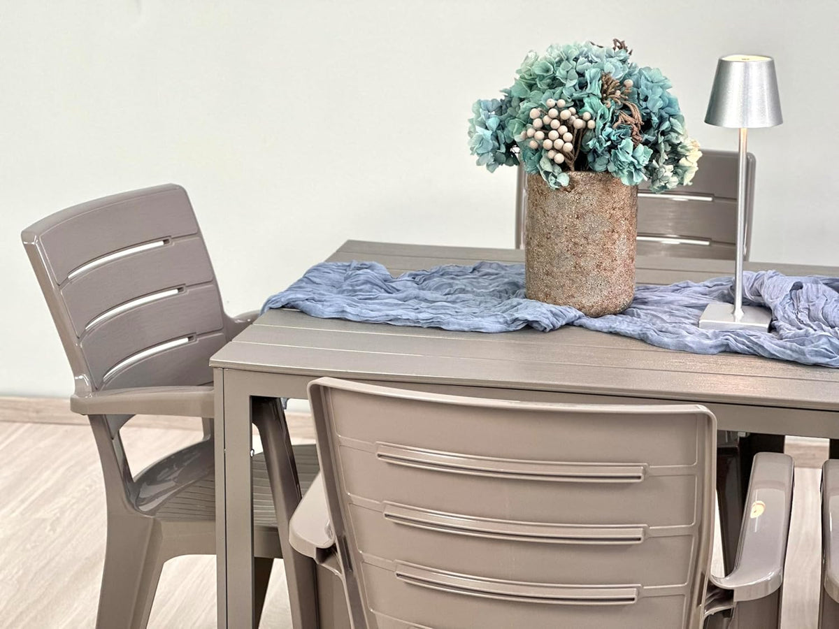 Outdoor Table Thomas + 6 Chairs Anita (Table with Iron Frame and Resin Chairs) (Table + Chairs Taupe) - QUORE