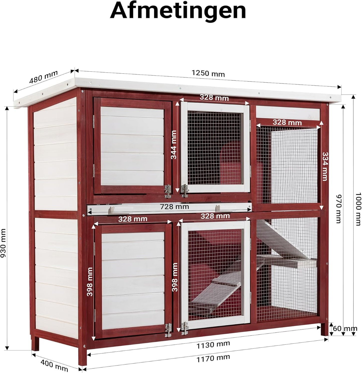 Konijnenhok met twee verdiepingen en trap - uitneembare vloer - van hout - rood-wit