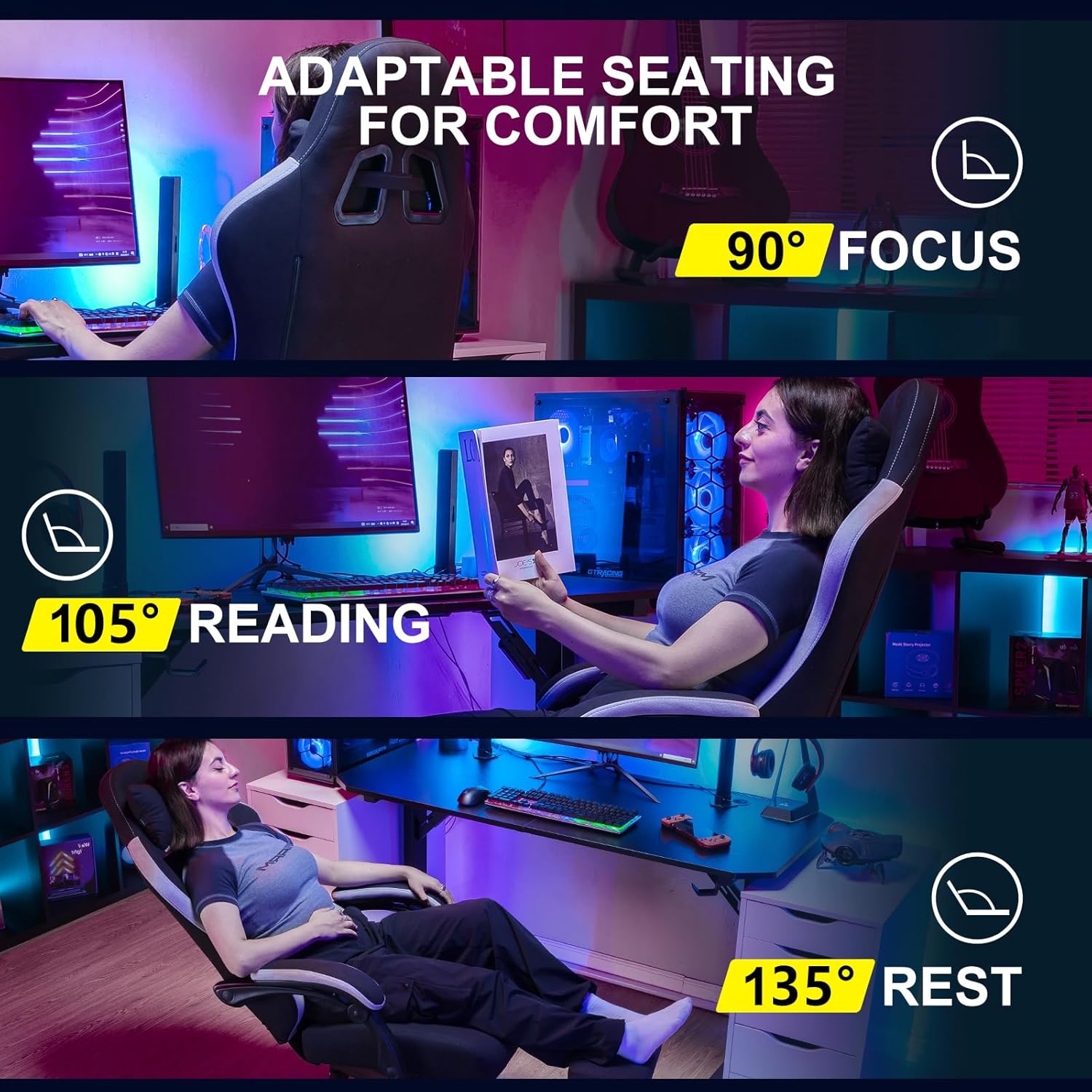 GTPLAYER Gaming Chair, Ergonomic Gaming Chair, Office Chair with Fabric Surface, Spring Seat Cushion, Connecting Armrests and Footrest Black - QUORE