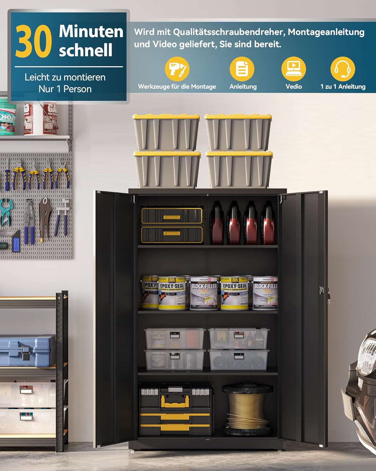 Dossierkast, afsluitbare garagekast, 4 niveaus bureaukast, zwart SC14BK