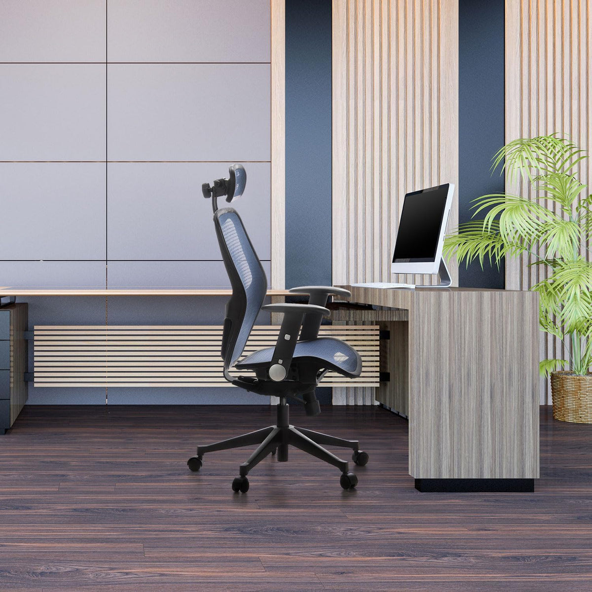 hjh OFFICE 653060 Professionele bureaustoel AIR-Port net blauw draaistoel met lendensteun, armleuningen inklapbaar en verstelbaar