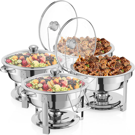 NArra 4-pack ronde 7,5 l Chafing Dish Buffet Set, voedselwarmer met glazen deksel, buffet warmer, roestvrij stalen buffet serveerborden, dikke catering hot pot voor feesten, bruiloften, picknicks