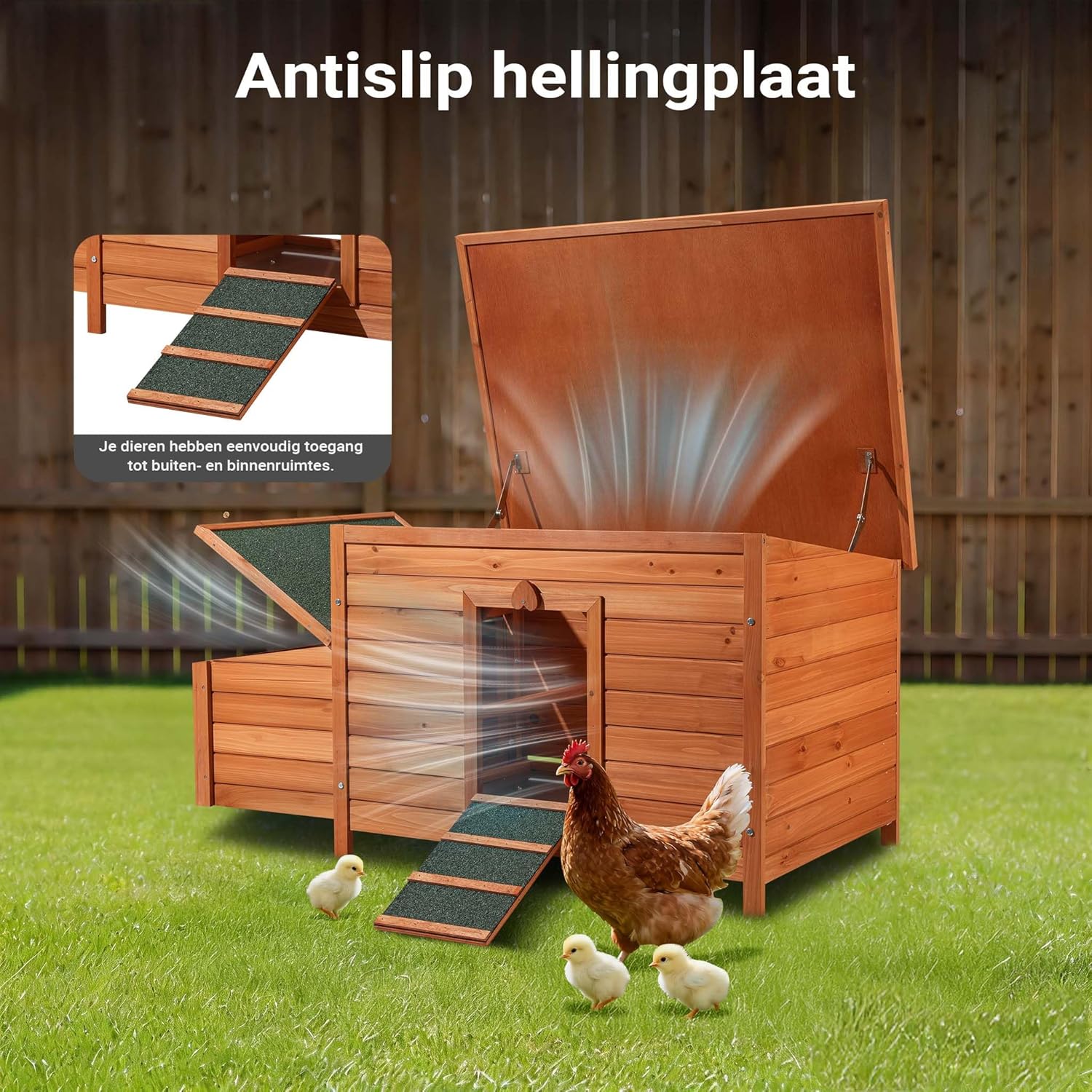 Wiltec chicken coop 1360 x 740 x 700 mm red brown with wooden nesting box, hens hutch with shelter, insulated roof and galvanized stool - QUORE