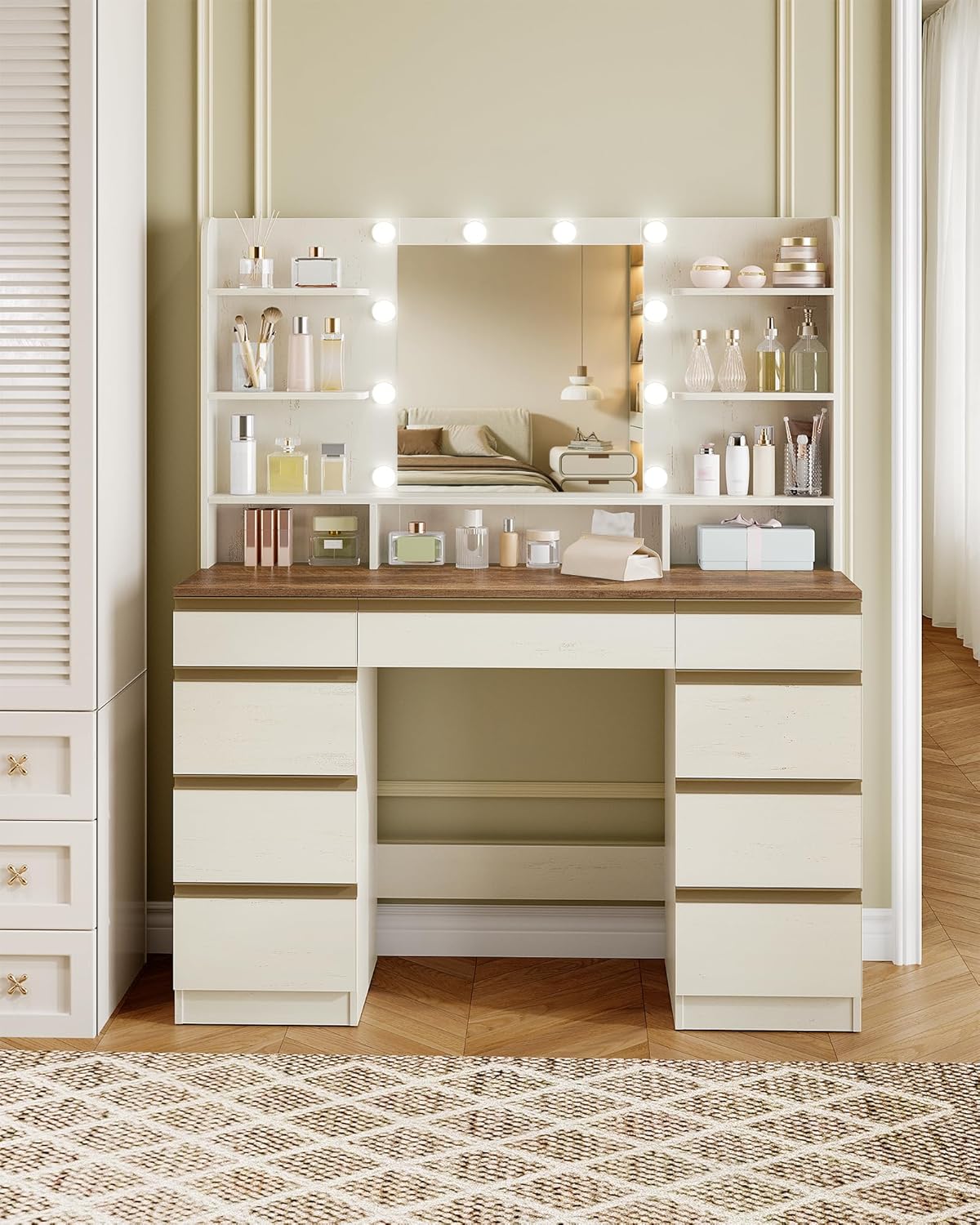 Hzuaneri Large Dressing Table with LED Lighting, 10 LED Light Globes, 3 Colours, Adjustable Brightness, Dressing Table with Mirror, 9 Drawers, 9 Open Shelves, Modern Style, White-Brown DT35714X