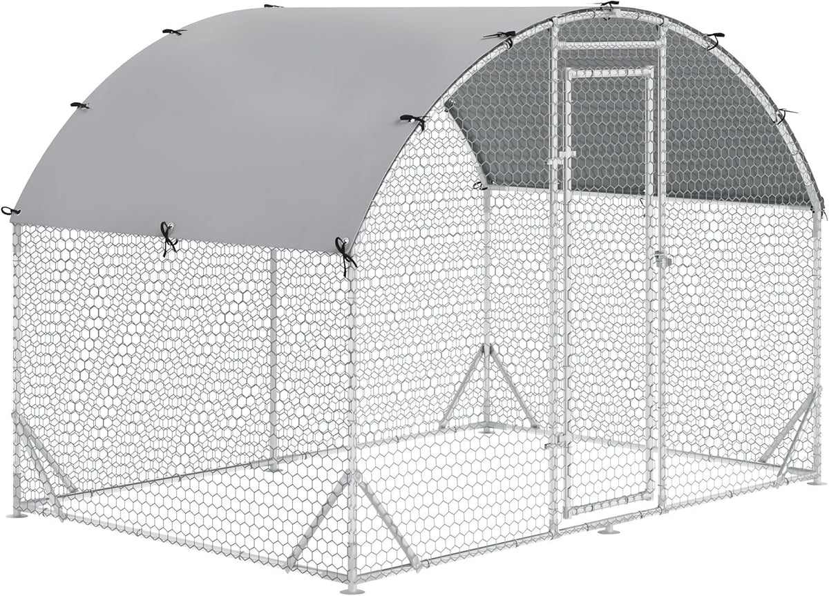PawHut Chicken Coop Free Run Made of Steel, 280 x 190 x 197 cm, Chicken Coop with UV Resistant Cover, Door Chicken Coop for 4-6 Chickens, Small Animals, Silver