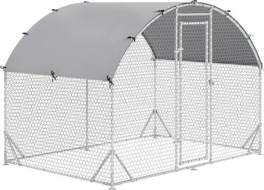 PawHut Chicken Coop Free Run Made of Steel, 280 x 190 x 197 cm, Chicken Coop with UV Resistant Cover, Door Chicken Coop for 4-6 Chickens, Small Animals, Silver
