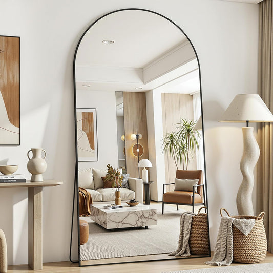 Antok 208 x 112 cm full-body spiegel, gebogen staande spiegel, frame van aluminiumlegering, onbreekbaar glas, vloerspiegel voor woonkamer, kleedkamer, zwart