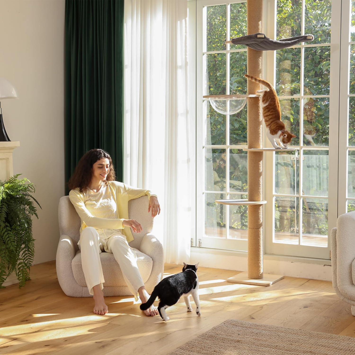FUKUMARU Cat Tree Cat Tree, 6 Floors, Ceiling Cat Tower (280-300 cm), Wall Mounted Cat Tree, Natural Rubber Wood, with Transparent Space Capsule and Cozy Hammock - QUORE