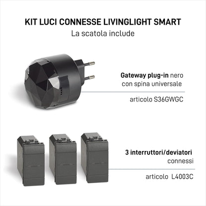 BTicino Livinglight Smart SL3601KIT, verlichtingsset voor het in- en uitschakelen van de lichten via app of met Alexa, Google en Siri, met 1 gateway plug-in zwart S36GWGC en 3 aangesloten