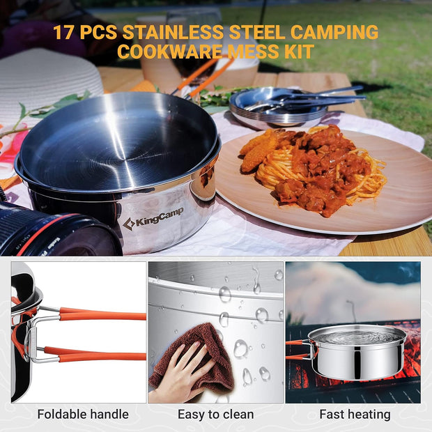 KingCamp Camping Kookgerei Set Servies Rvs Mess Kit Pot Pan Plate Bowl Lepel Vorkmes Karabijnhaken Reizen Kookgerei Outdoor Trekking Wandelen Picknick 25 Stuks voor 3 Personen