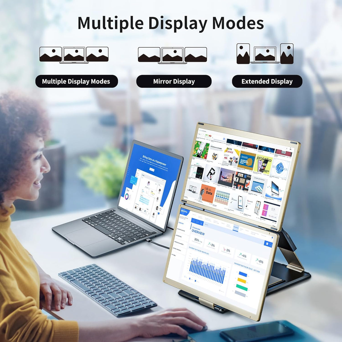 15.6 inch Triple Laptop Screen Extender, FHD 1080P IPS Laptop Monitor Extender, Detachable Screen Travel Monitor Laptops with Speakers, Plug & Play, Compatible with Mac/Android/Win - QUORE