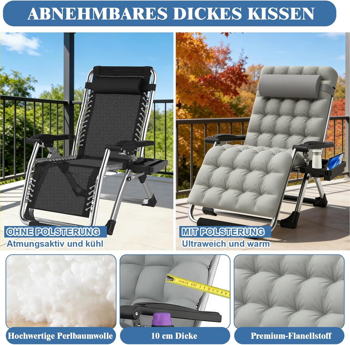 Fiutazge 83 cm, ultrabreed, zonnebed, inklapbaar, met kussen, bekerhouder en hoofdkussen, tuinligstoel met verstelbare rugleuning, ademend, voor zwembad, tuin, terras, grijs
