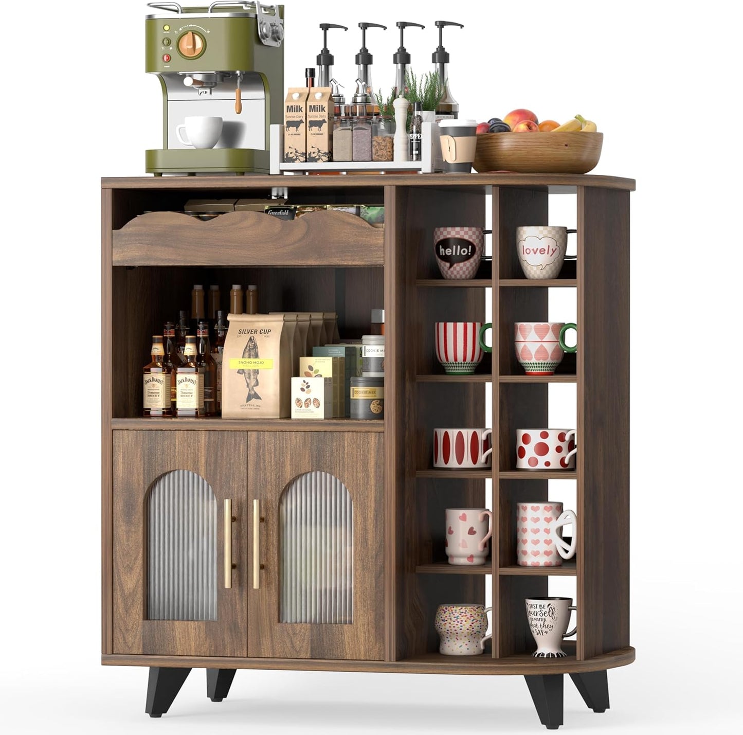 Koffiestationkast, Houten Keukenkast met Mokhouder, Woonkamer Buffetkast met Laden, Keuken Dressoir met Dubbele Deurtjes voor Thuisbar, Dranken, Mokken (40x80x91cm)