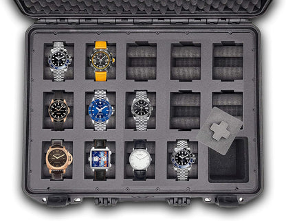 MC-CASES ® Draagkoffer voor maximaal 14 horloges, reiskoffer, waterdicht, afsluitbaar, perfect voor op reis, extreem beschermd, Made in Germany, zwart, ruimte voor 14, zwart., Platz für 14 Uhren,