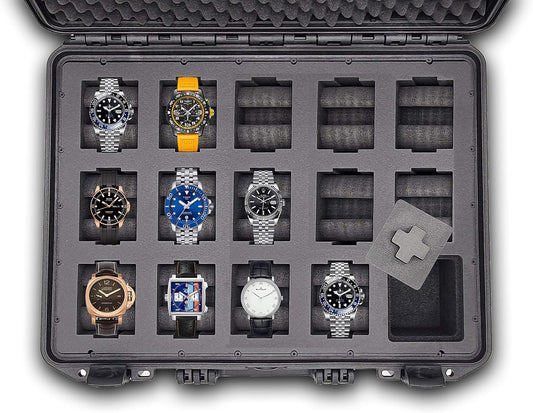 MC-CASES ® Draagkoffer voor maximaal 14 horloges, reiskoffer, waterdicht, afsluitbaar, perfect voor op reis, extreem beschermd, Made in Germany, zwart, ruimte voor 14, zwart., Platz für 14 Uhren,