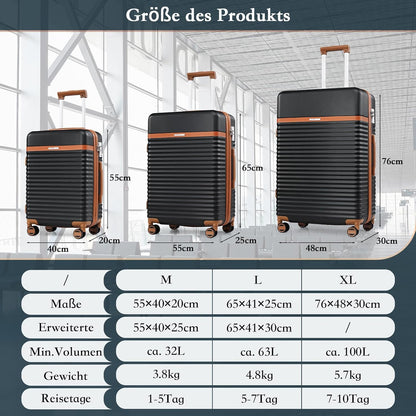 Joyway Kofferset van ABS hardshell uitbreidbare trolley kofferset met 4 wielen en TSA-slot De bagageset bevat 1 reistas en 1 toilettas, zwart, Kofferset 5tlg