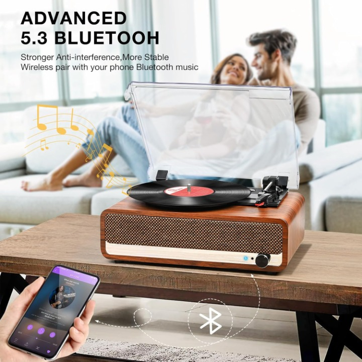 Platenspeler - Geïntegreerde Luidsprekers - Vintage Fonograaf - met Bluetooth-Riemaandrijving - 3 snelheden - voor Muziekgenot - Woondecoratie - Hout - Oranje/Geel