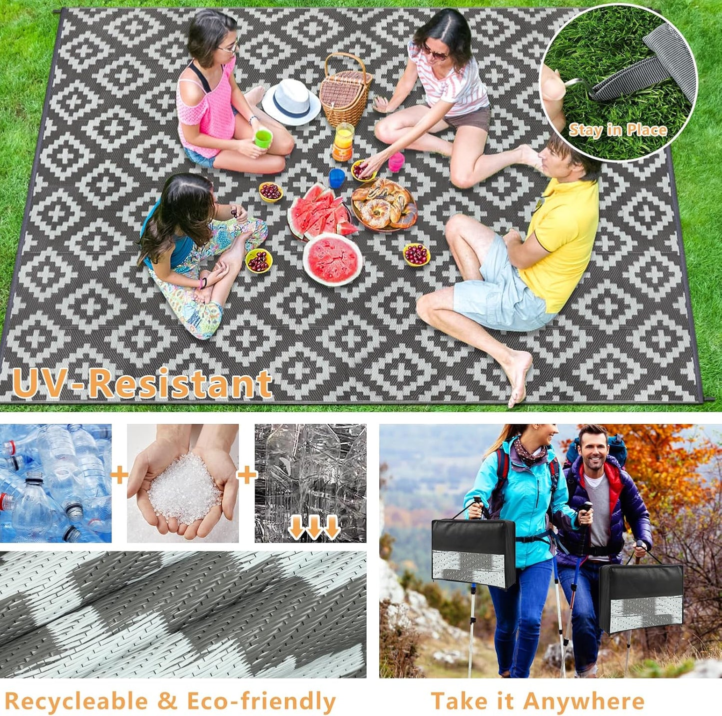 Buiten Vloerkleed - Buitenkleden - Buitentapijt - Opvouwbaar - UV-bestendig - Waterdicht - Buitenmatten - voor Buiten - Balkon - Strand - Picknick -Terras - Rechthoekig -  270 x 365 cm - Grijs