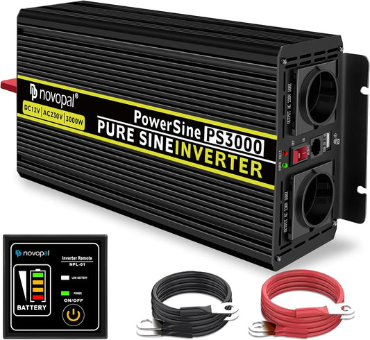 <font dir="auto" style="vertical-align: inherit;"><font dir="auto" style="vertical-align: inherit;">        novopal Power Inverter Pure Sine Wave - 3000 Watt 12V DC to 230V/240V AC Converter - 2 AC EU Outlets Car Inverter with Dual USB Ports - 5 Meter Rem