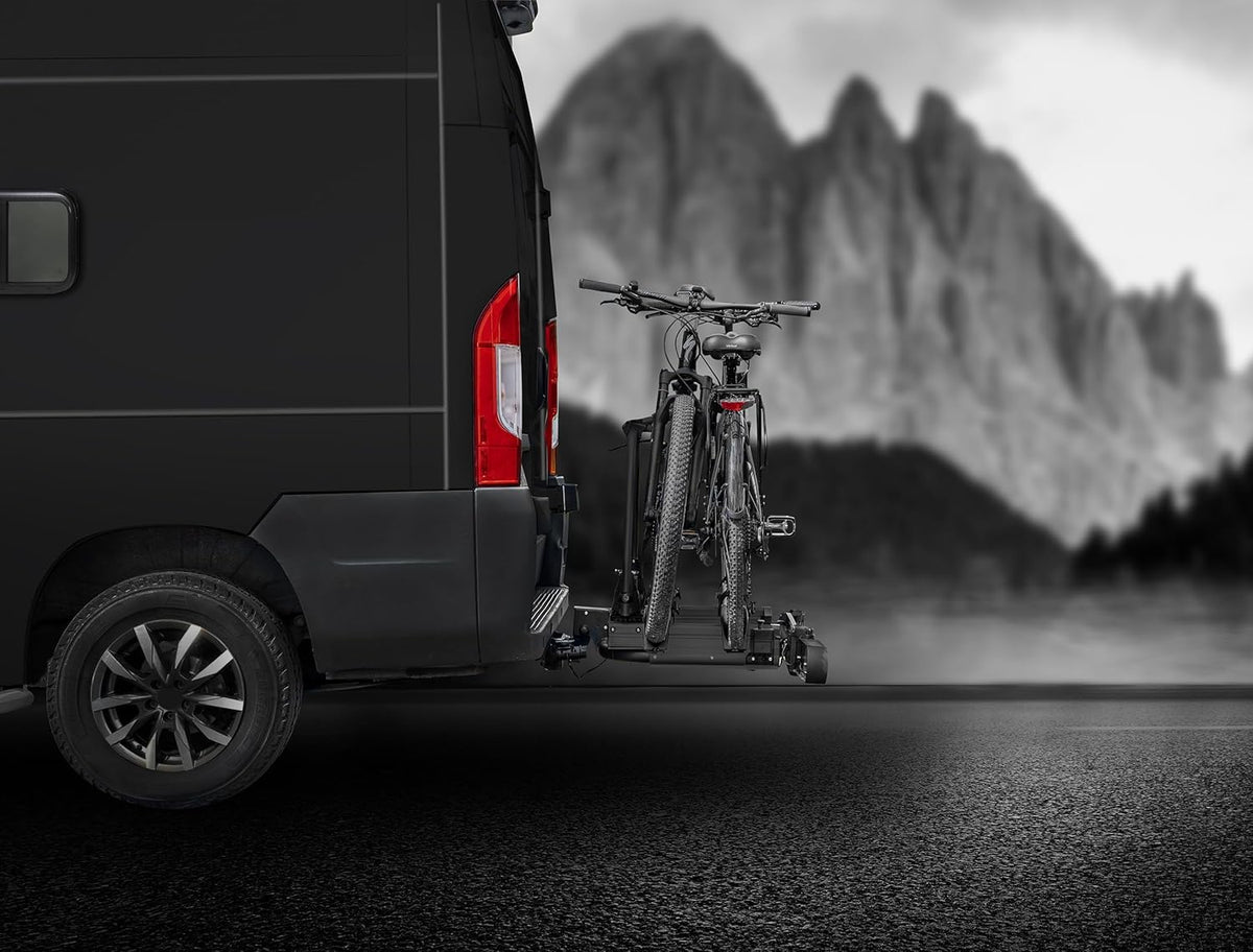 Fietsdrager Busje – Fietsendrager Trekhaak – E-bike Drager Camper – Achterdrager Vleugeldeuren – Draagvermogen 60 kg – Uitschuifbare Rails 85 cm Open