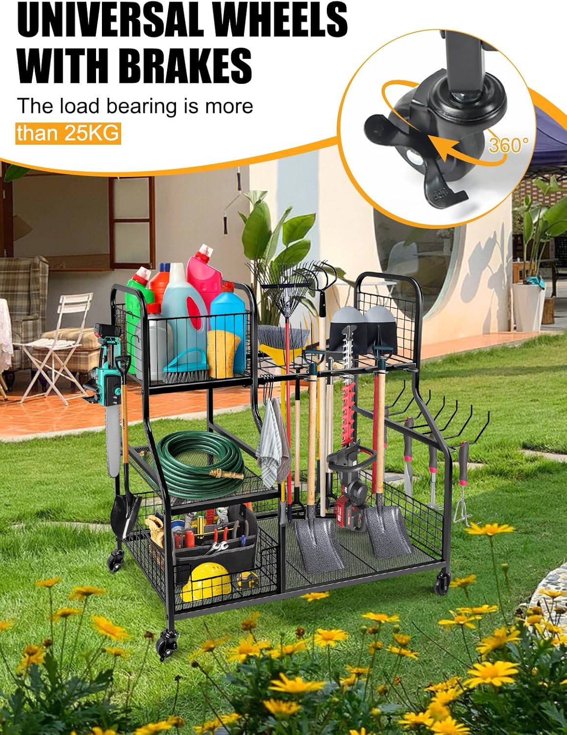 Kalolary Garden Tool Storage Organizer voor Garage, 3 Laags Opberghouder Gereedschap met Wielen, Groot Tuingereedschaprek met Extra Opbergmand voor Tuin/Schuur/Garage/Tuin/Kelder/Gazon