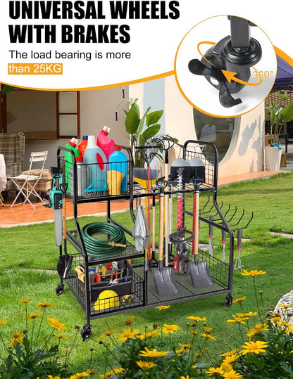 Kalolary Garden Tool Storage Organizer voor Garage, 3 Laags Opberghouder Gereedschap met Wielen, Groot Tuingereedschaprek met Extra Opbergmand voor Tuin/Schuur/Garage/Tuin/Kelder/Gazon