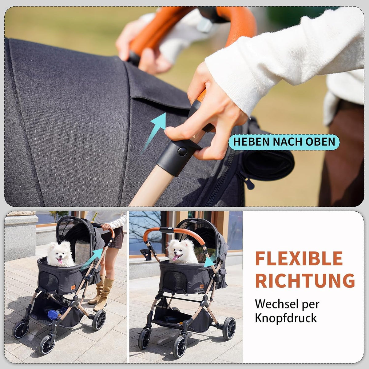 EchoSmile Opvouwbare hondenwagen, hondenbuggy tot 20 kg, voor kleine middelgrote honden en katten, hondenbuggy en kattenwagen met omkeerbare handgreep, schokdemping en afneembaar wasbaar kussen (zwart