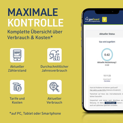 iQ gasGuard - Slimme gasmeter incl. impulsinterface met alarmfunctie & WLAN - digitale bewaking van gasverbruik en kosten - gasverbruikmeter & meetinstrument met wifi voor smartphone & desktop