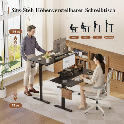 Klicelor In hoogte verstelbaar bureau met beweegbare monitorstandaard, 160x80cm, Zit-Sta bureaux met 2 geheugenknoppen, 4-delige tafelblad, Computertafel, Zwart