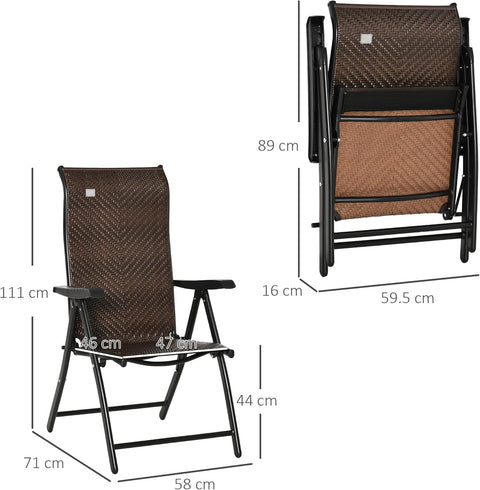 Tuinstoelen - Klapstoel - Vouwstoel - Campingstoel - Buitenstoelen - Verstelbaar Rugleuning - Armleuningen - Opklapbaar - 7-voudig - voor - Terras - Tuin - Camping - PE Rotan - Staal - 58 x 71 x 111 cm - Zwart/Donkerbruin