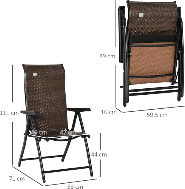 Tuinstoelen - Klapstoel - Vouwstoel - Campingstoel - Buitenstoelen - Verstelbaar Rugleuning - Armleuningen - Opklapbaar - 7-voudig - voor - Terras - Tuin - Camping - PE Rotan - Staal - 58 x 71 x 111 cm - Zwart/Donkerbruin
