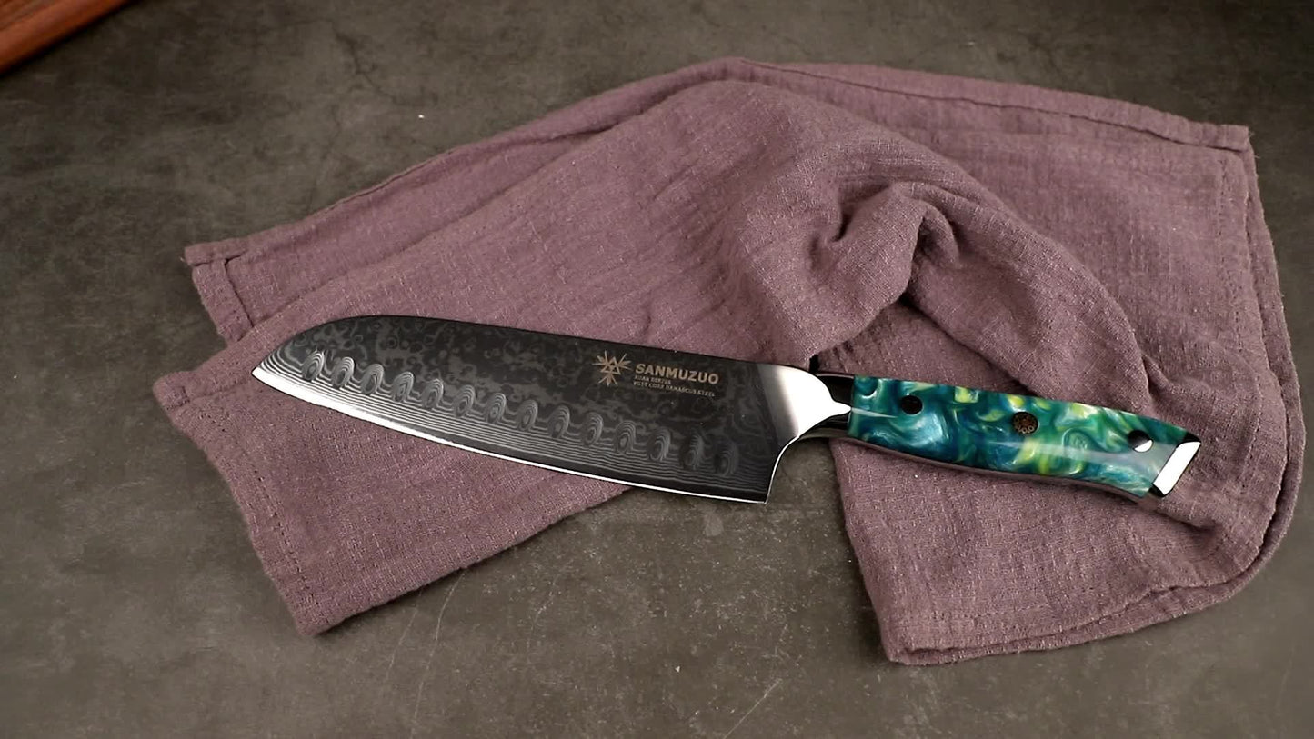 Xuan Series 7-inch Damascus Santoku Knife - VG-10 Hammer-Forged Steel, Sunset Red Resin Handle, Ultra-Sharp Professional Chef Knife for Home & Professional Kitchens