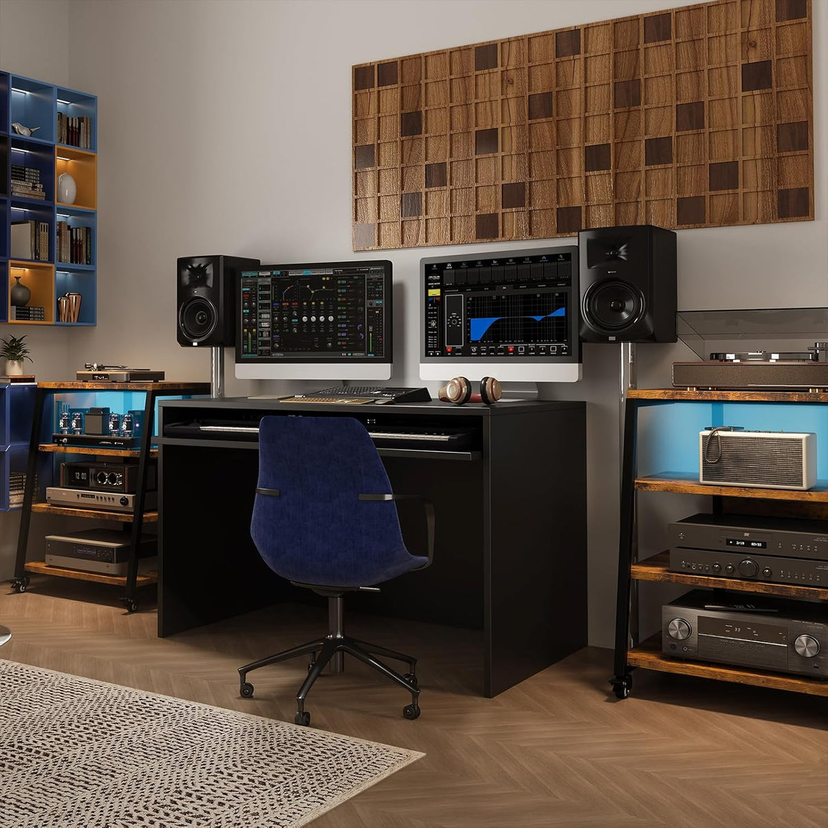 HIFI Stand platenspeler standaard, 4-laags houten planken met stekkerdozen, LED-verlichting, wielen, in hoogte verstelbare AV-media-opslag audiorek toren voor draaitafel/printer/Sky Box/TV