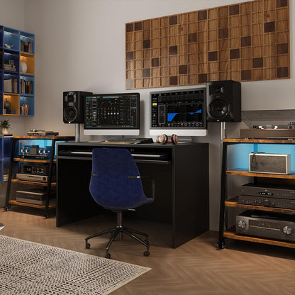 HIFI Stand platenspeler standaard, 4-laags houten planken met stekkerdozen, LED-verlichting, wielen, in hoogte verstelbare AV-media-opslag audiorek toren voor draaitafel/printer/Sky Box/TV