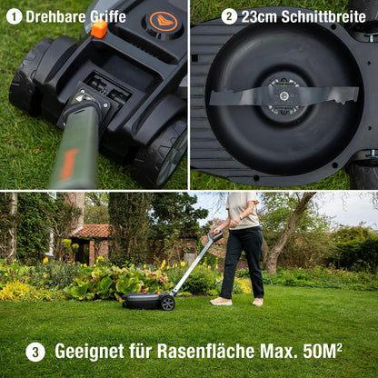 Accu Grasmaaier – Elektrische Grasmaaier – Batterij Grasmaaier – Compacte Grasmaaier – Stadsgrasmaaier – 23 cm Maaibreedte – 12V Lithium-Ion Accu met 3 Maaihoogtes