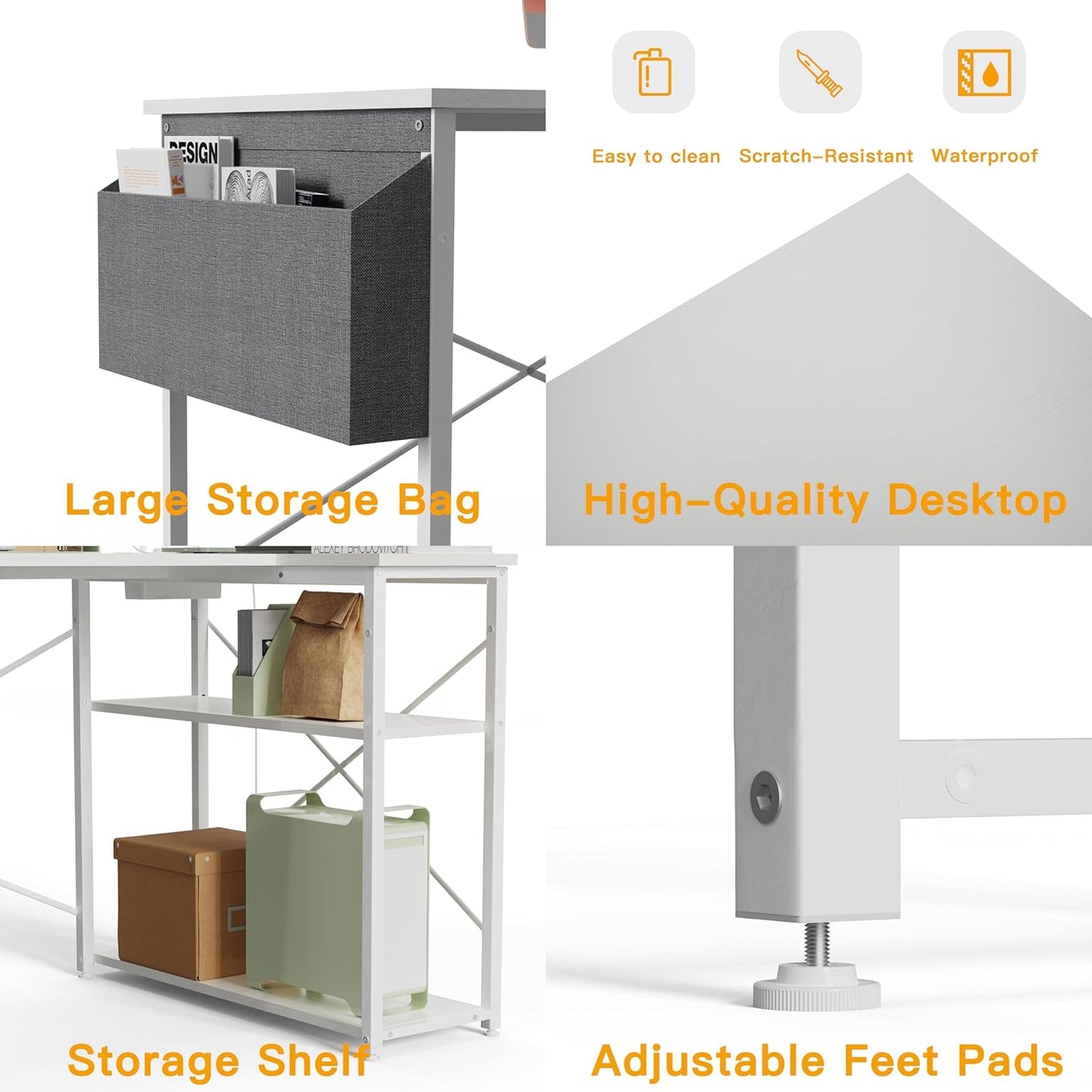 L-vormig bureau – hoekbureau – gametafel – computerbureau – werkplek bureau – wit – 140 x 70 cm – ingebouwde USB- en Type-C-poorten – stevige stalen X-frame