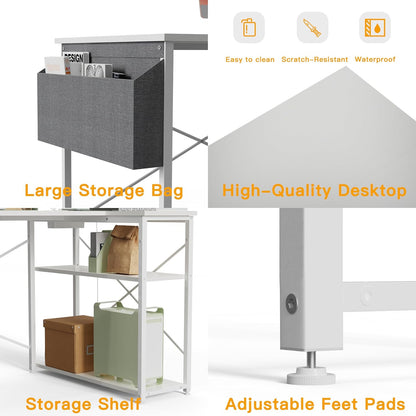 L-vormig bureau – hoekbureau – gametafel – computerbureau – werkplek bureau – wit – 140 x 70 cm – ingebouwde USB- en Type-C-poorten – stevige stalen X-frame