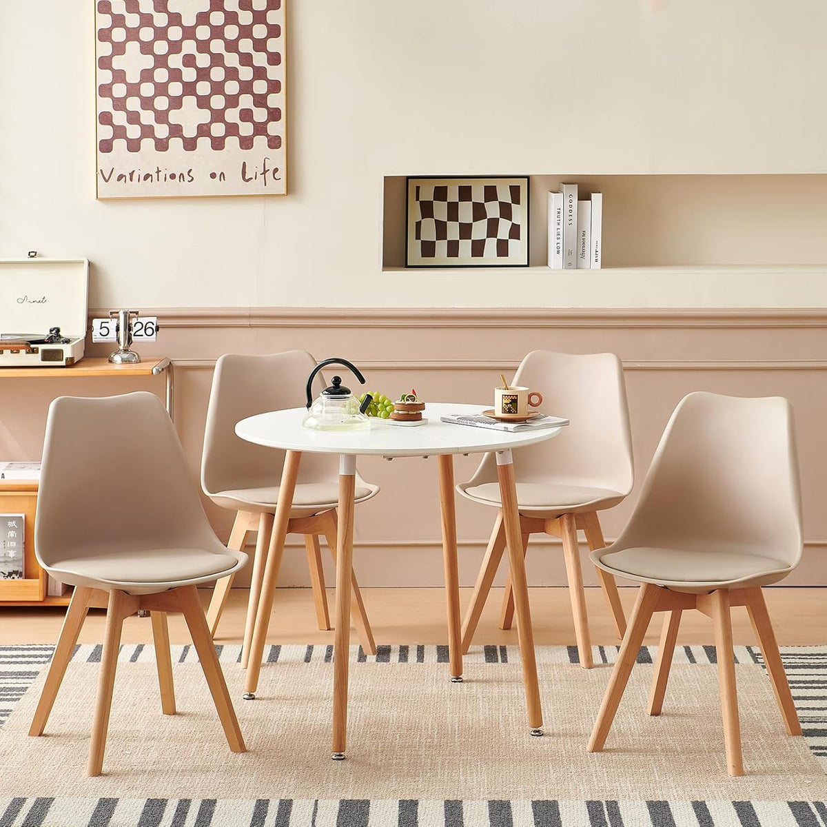 EGGREE Scandinavische eetkamerstoelen, SGS-geteste gestoffeerde keukenstoel, retro-bureaustoel met poten van massief beukenhout, licht kaki, 4 stuks
