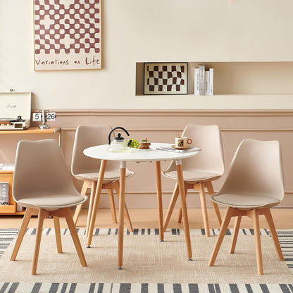 EGGREE Scandinavische eetkamerstoelen, SGS-geteste gestoffeerde keukenstoel, retro-bureaustoel met poten van massief beukenhout, licht kaki, 4 stuks