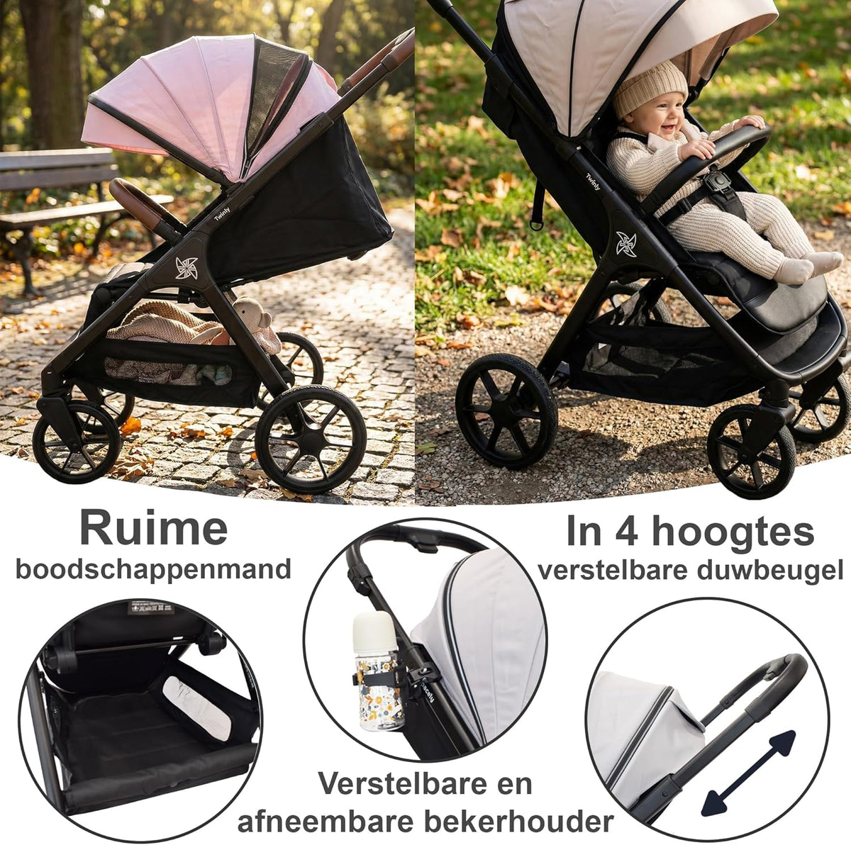 SPACELY, kinderwagen buggy, tot 22 kg, kinderwagen zeer groot en comfortabel, ruime zitting, zeer gemakkelijk op te vouwen buggy, XXL kap met UPF50+ filter, regenbescherming, ligwagen (roze)