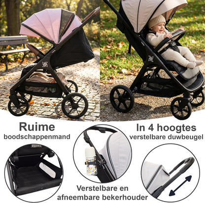 SPACELY, kinderwagen buggy, tot 22 kg, kinderwagen zeer groot en comfortabel, ruime zitting, zeer gemakkelijk op te vouwen buggy, XXL kap met UPF50+ filter, regenbescherming, ligwagen (roze)