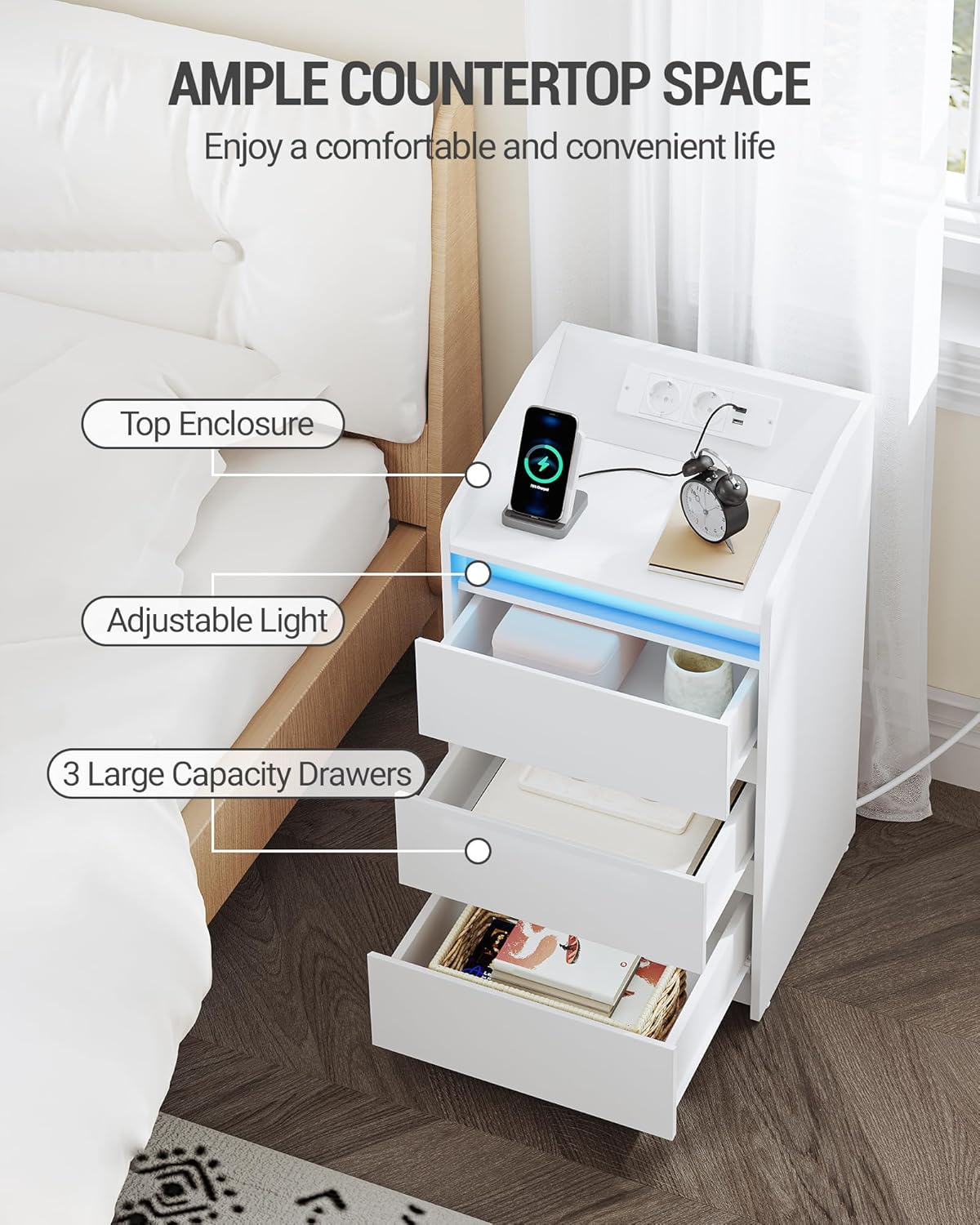 Hzuaneri Bedside Table Set of 2 with 3 Drawers, Side Table with Charging Base and LED, 2 AC Outlets and 2 USB Ports for Bedroom, Living Room, White NS40103X