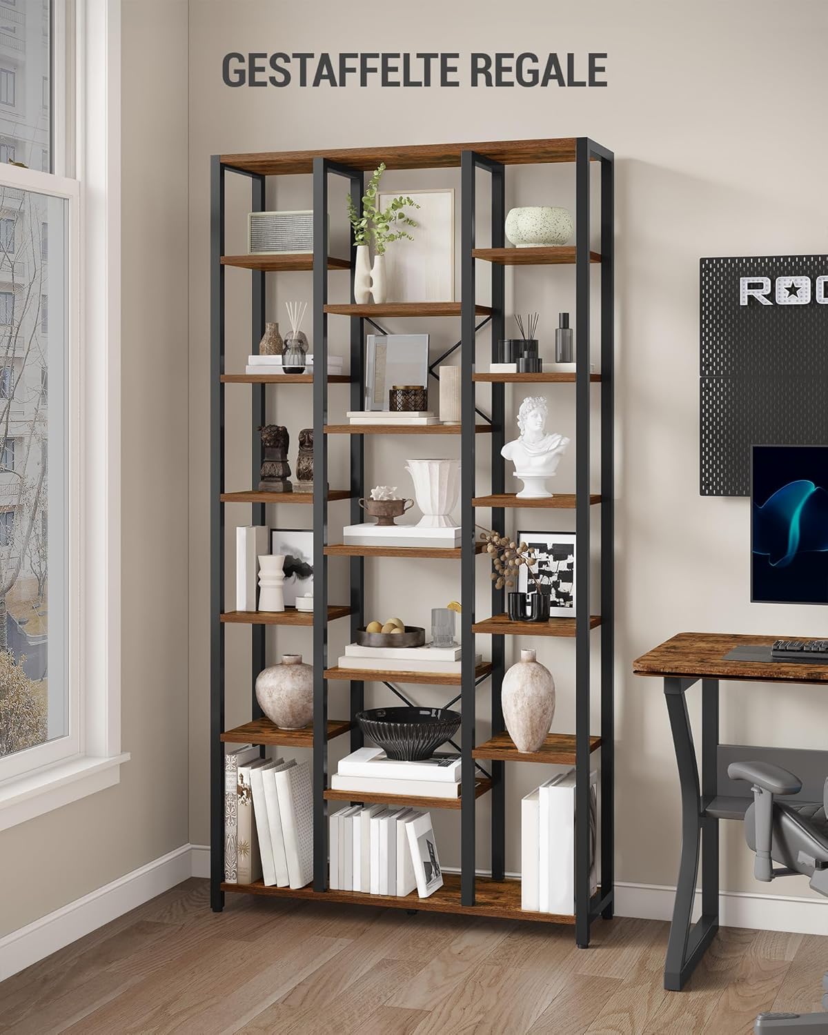 Hzuaneri bookshelf, bookcase with 7 levels and 18 open shelves, adjustable storage cabinet for living room and home office, 30 x 100 x 200 cm, Rustic Brown and Black, BC15601B