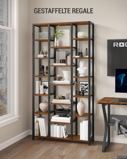 Hzuaneri bookshelf, bookcase with 7 levels and 18 open shelves, adjustable storage cabinet for living room and home office, 30 x 100 x 200 cm, Rustic Brown and Black, BC15601B