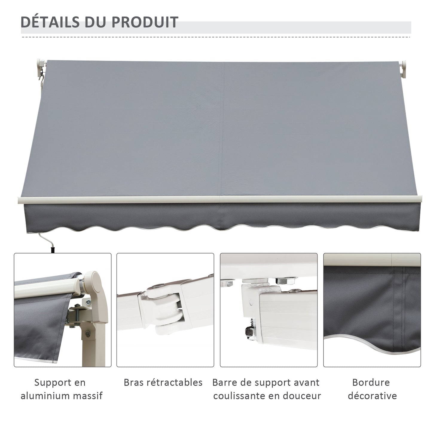 Uitvalscherm – Zonnescherm – Uitschuifbaar Scherm – Balkonluifel – Handbediend – Aluminium Frame – Polyester Doek 280 g/m² – 4x2,5 Meter – Grijs